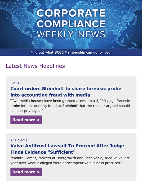 Corporate Compliance Weekly News- SCCE's weekly newsletter